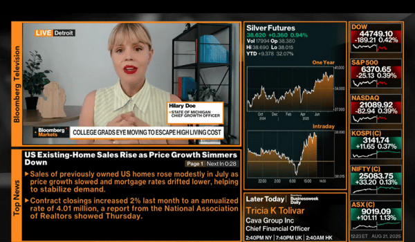Screenshot of women talking during news segment with charts and text on screen